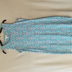 Classic Charter Club Turquoise Navy & White Knee Length Fleur De Lis Knit Dress